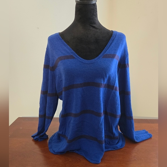 Eileen Fisher Size Large Blue with Black Stripe Wool Sweater - Picture 1 of 7